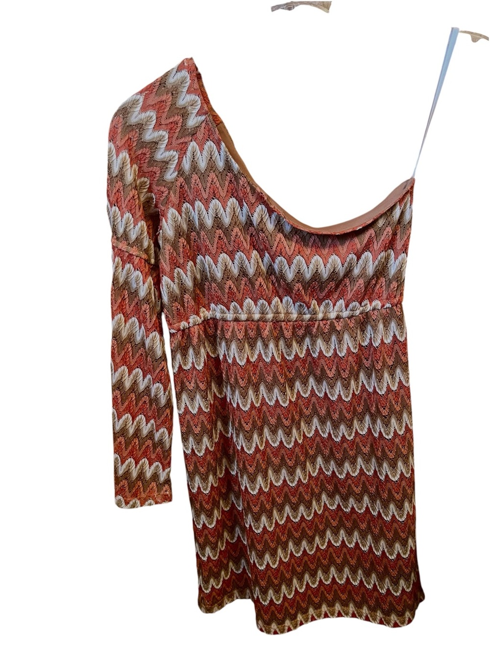 Judith March One-Shoulder Chevron Knit Dress in Rust, White, Brown